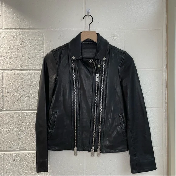 All Saints Charcoal Leather Biker Jacket - Picture 2 of 5
